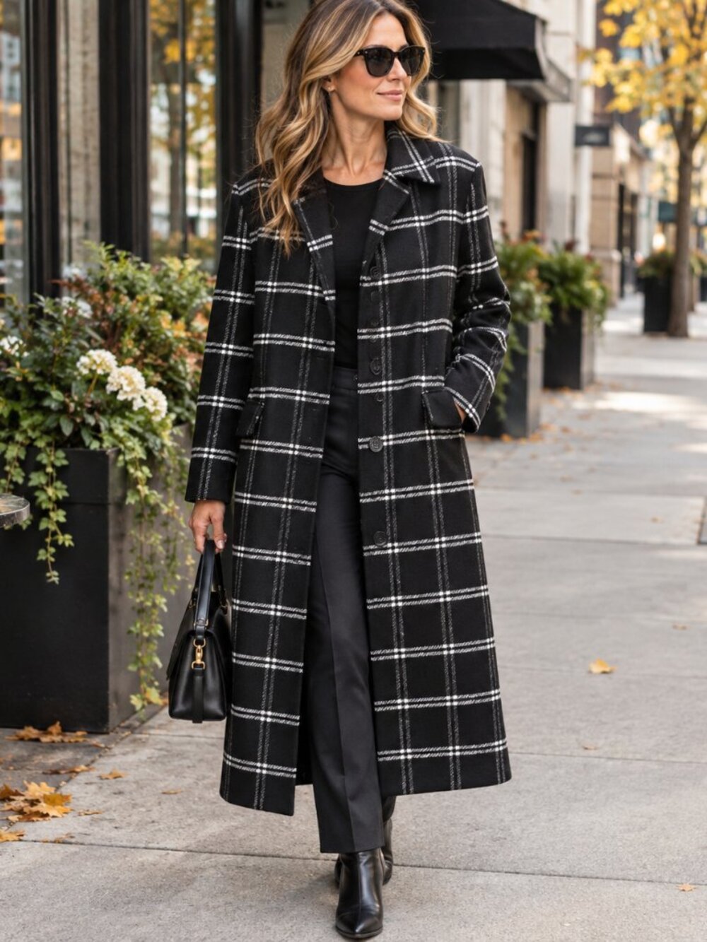 MANGO Black White Plaid Long Coat Jacket XS
